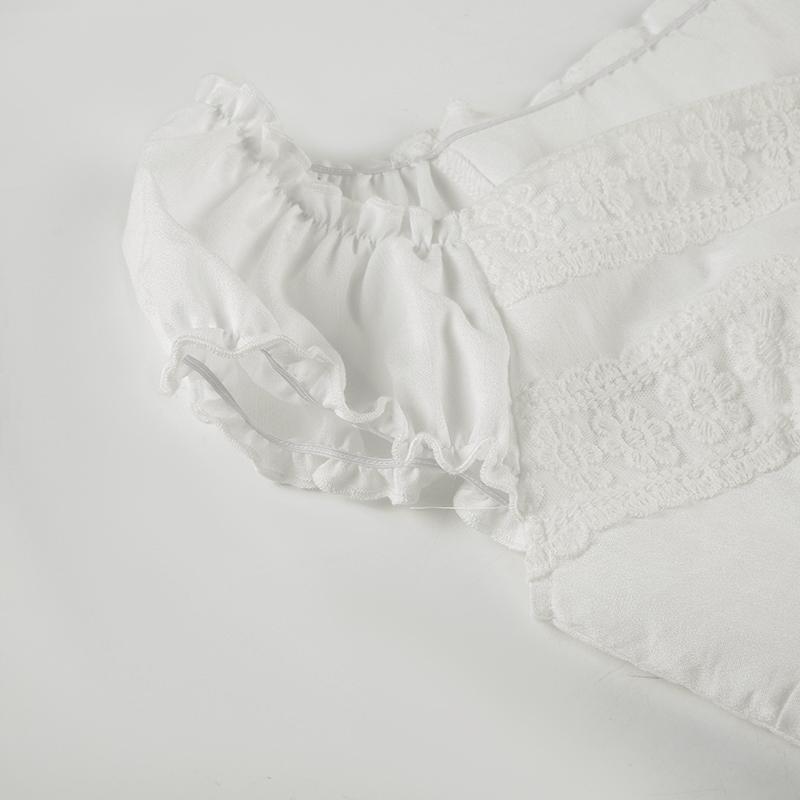 Women's Plain Contrast Lace Frill Trim Button Front Blouse, Sweet Fashion Puff Sleeve Top for Summer, Women's Clothing for Daily Wear