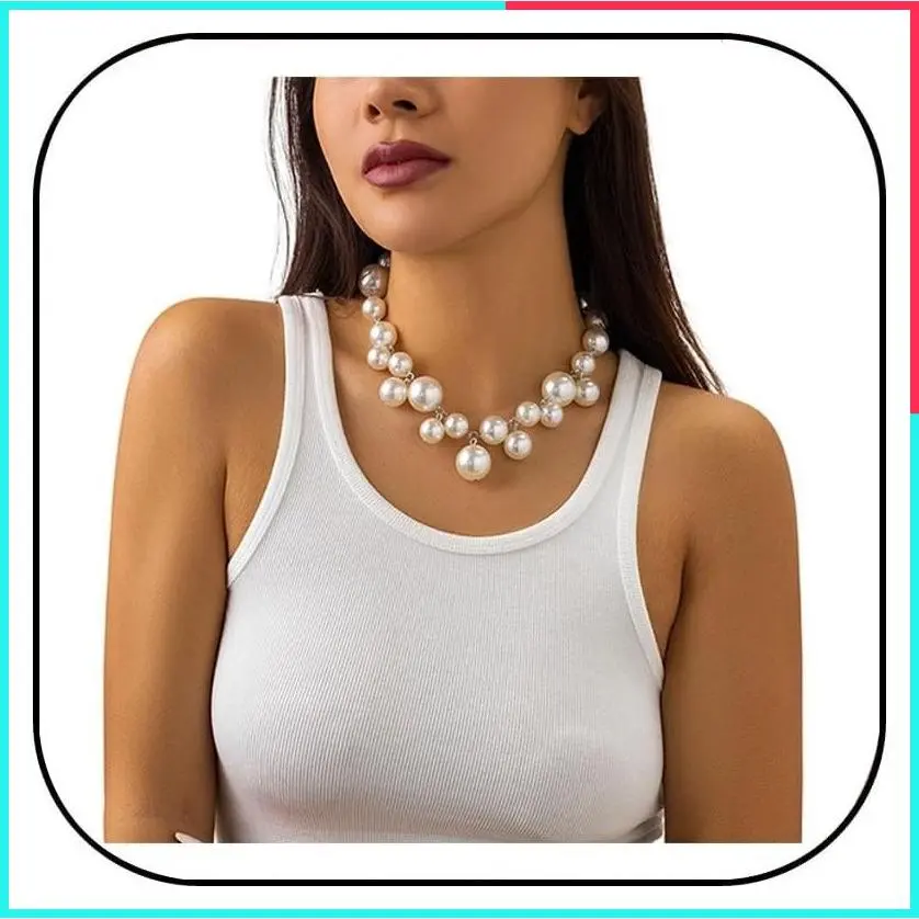Chunky Faux Pearl Necklace for Women Large Pearl Choker Statement Bridal Wedding Jewelry Gift Silver