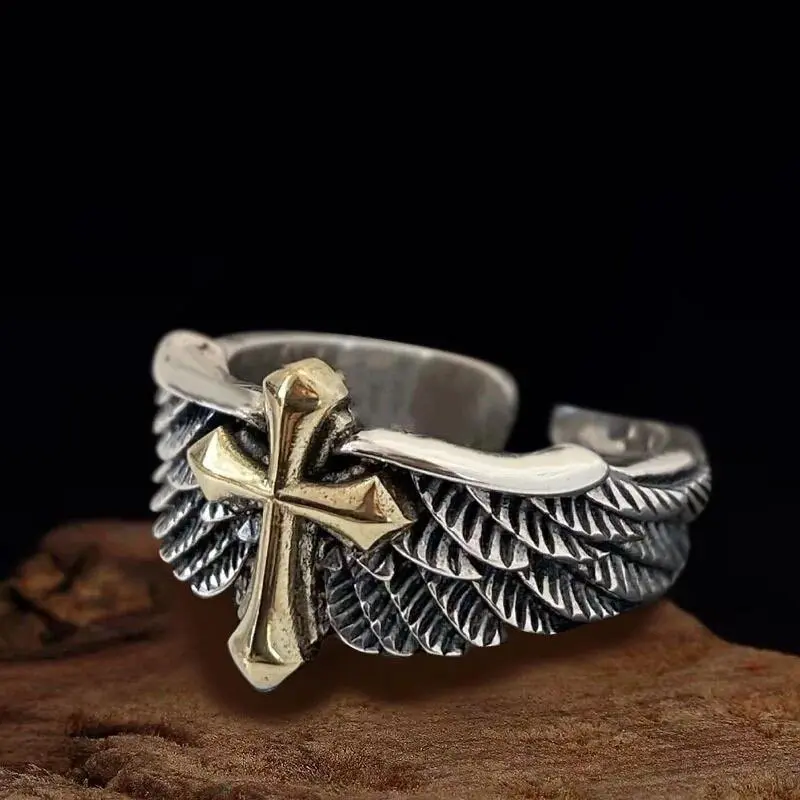 Unisex Cross Feather Gothic Adjustable Handmade Band Ring - Silver Costume Jewelry, Resizable Punk Accessory, Ideal for Engagement, Engagement Rings