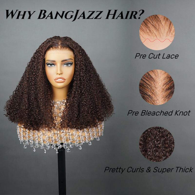 BangJazz Brown Short Kinky Curly Ready To Wear Glueless Wigs Pre Cut Lace Bleachde Konts Closure Wigs Human Hair Wig Lace Front Wigs Pre Plucked For Women