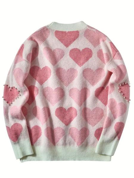 Women's Heart Beaded Sweater Knitwear, Loose Fit Soft Knit Pullover, Elegant Round Neck Jumper for Fall & Winter, Unique Design Casual Wear