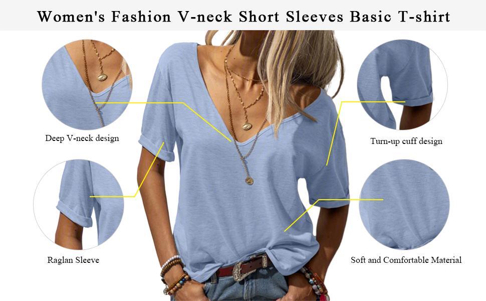 Goranbon Women Fashion Deep V-Neck Short Sleeve Tops Solid Casual Loose Basic T Shirt Goranbon Women Fashion Deep V-Neck Short Sleeve Tops Solid Casual Loose Basic T Shirt