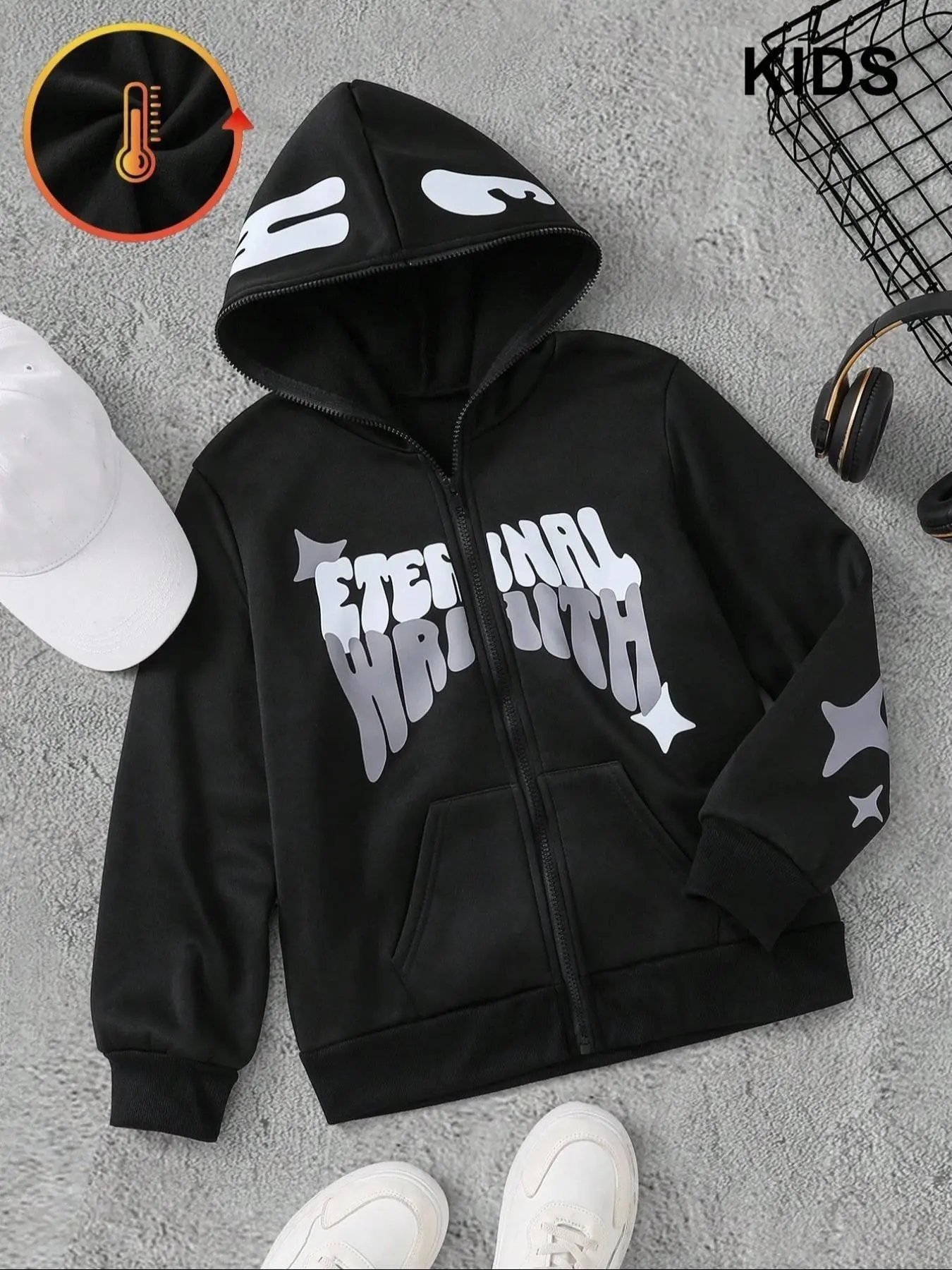Men's Fleece Lined Hooded Jacket, American Gradient Letter Star Print Zipper Cardigan, Kids' Fall Winter Fashion Top, Casual Outerwear, Sweatshirts