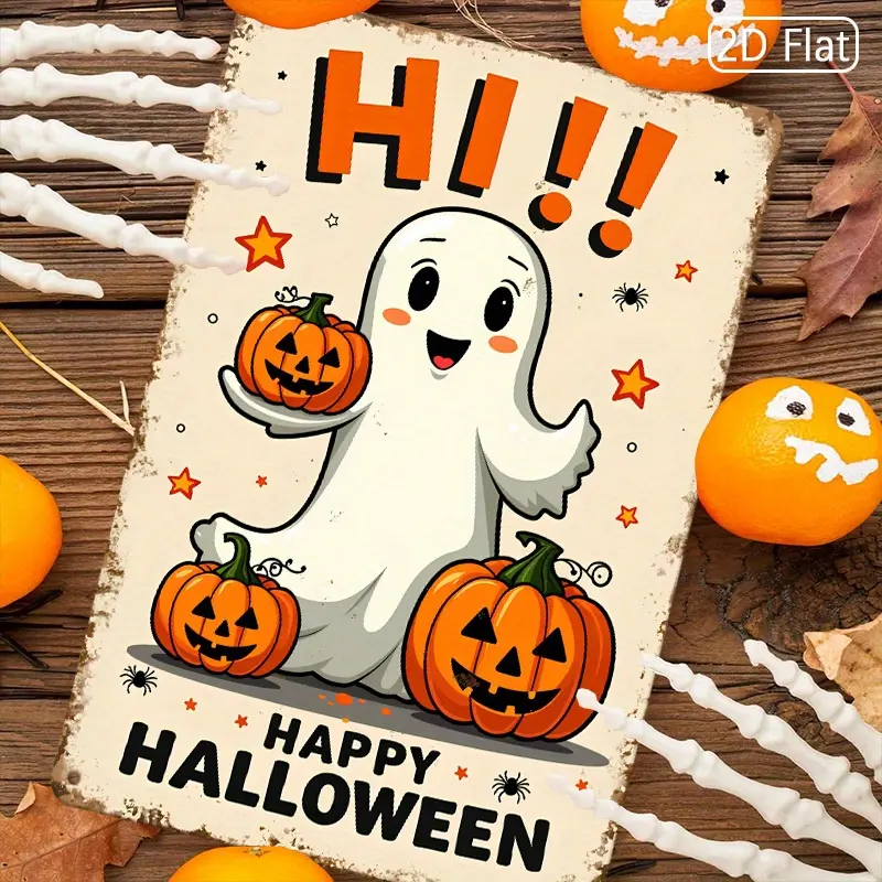 2D Flat - Decorative Signs & Plaques 1pc 2D Flat Halloween Pumpkin Metal Signage - Kind Greetings And Jack-O-Lantern Design, Cheerful Holiday Wall Art for Porches, Bedrooms, Entrances - 8X12 Inches, Reused Metal Decoration, Halloween Decorations