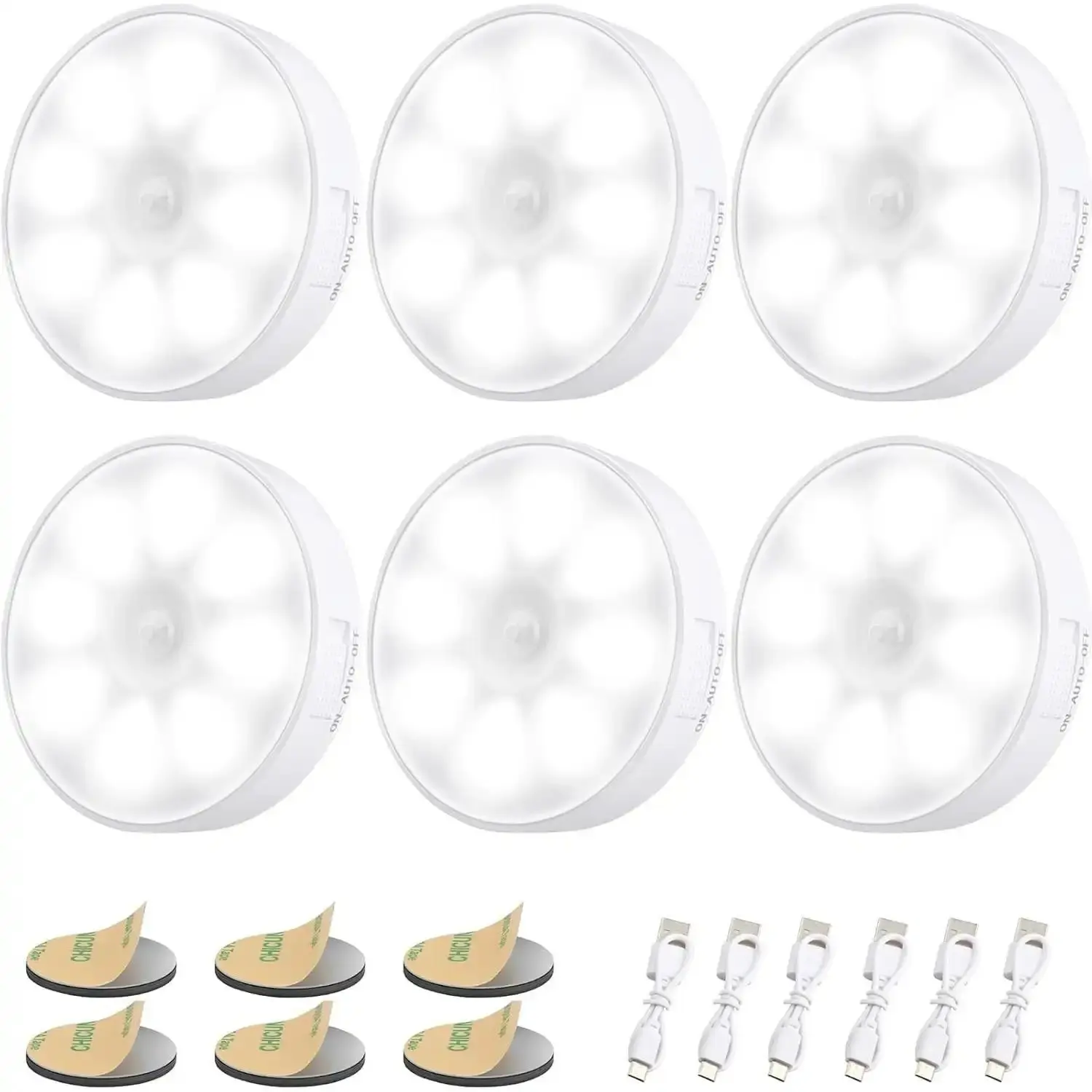 6 Pack Motion Sensor Light Indoor [8 LEDs], Electight Night Light USB Rechargeable, 400 mAh Battery & 3 Light Modes, Cordless Magnetic Sticker Nightlight, for Stair, Closet, Hallway - 6000K Cold White
