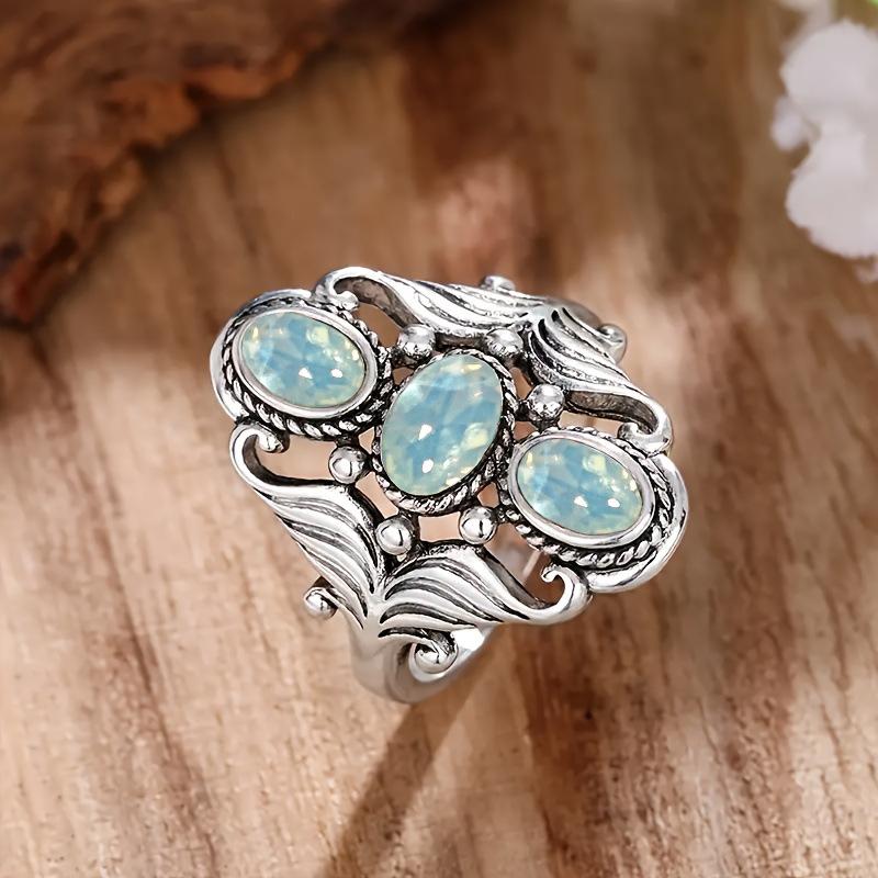 Women's Vintage-Inspired Silver-Plated Moonstone Lotus Ring - Elegant Fashion Rings, Retro Ethnic Exquisite Jewelry Accessory for Daily, Party Wear, Vintage Inspired Ring