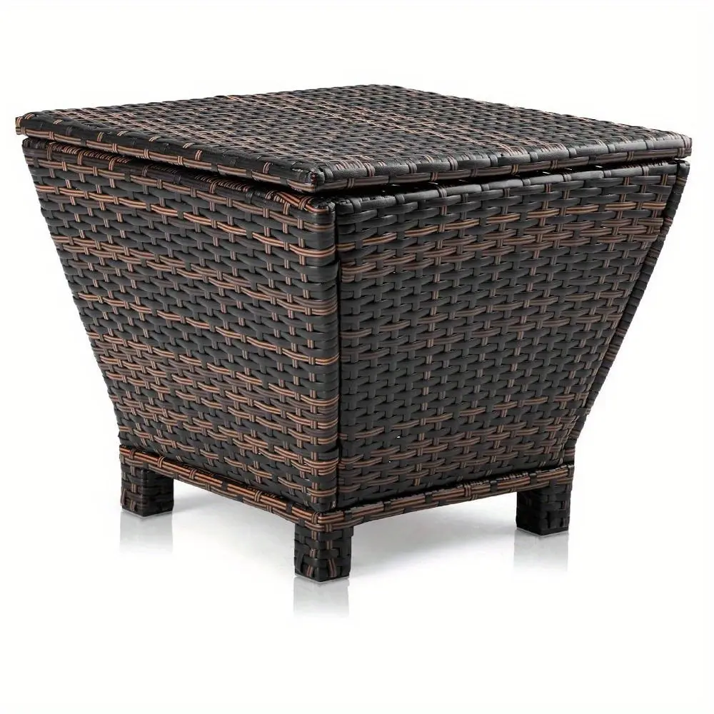 Outdoor Side Table with Storage 13-Gallon Storage Box Outdoor Table Wicker Table Side Table for Patio Storage (Trapezoidal) Middle Brown