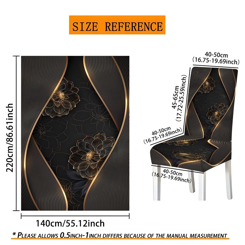 5/7-piece 2D Flat Printing Black - gold Floral Curve Splicing Printing Pattern Tablecloth and Chair Cover Set, for dining table and chair decoration, perfect for home, holiday gatherings, restaurants, and parties.