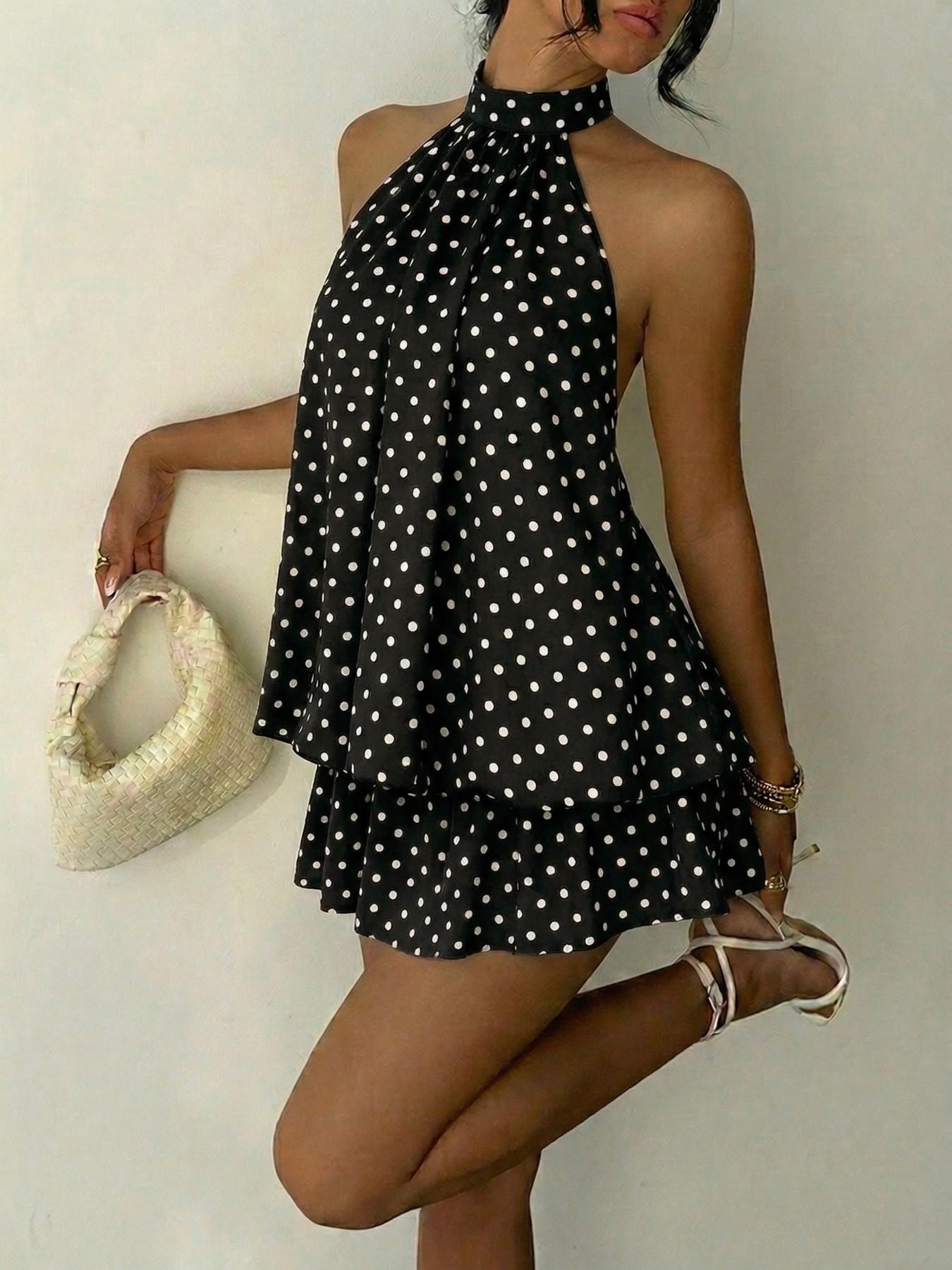 Women's Summer Fashion Party Halter Neck Tie Back Mini Dress, Slim-Fitting Casual Elegant Short Sleeveless Dress for Home Outdoor City Style