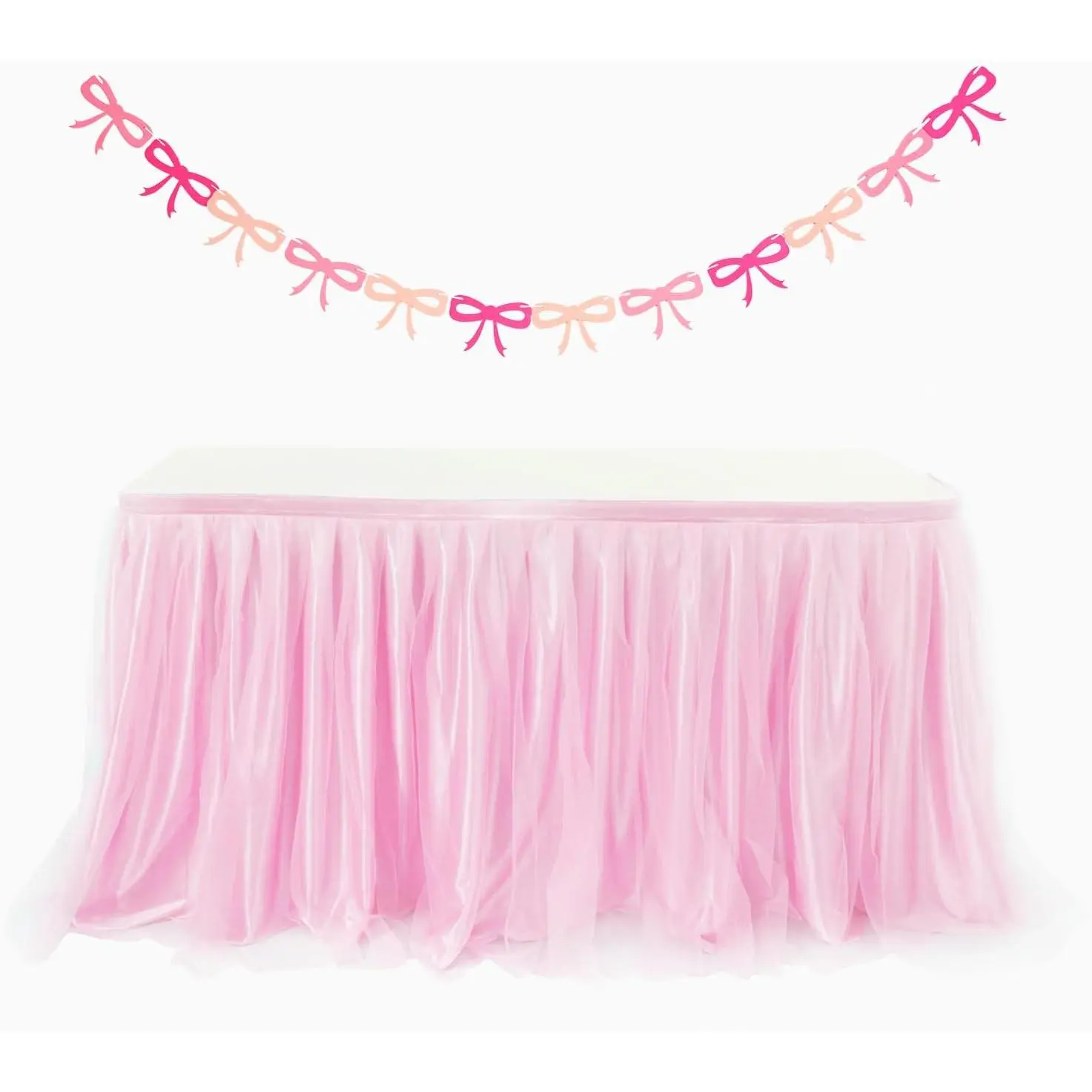 Phantomon 6ft Tulle Fabric Table Skirt - Ruffled Desk Covering for Rectangle/Round Tables, Pink Birthday Party Decor with Bow Banner Set