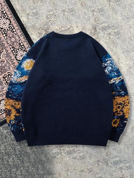 Men's Autumn Winter Casual Loose Fit Van Gogh Sunflower Starry Night Pattern Vintage Knit Long Sleeve Round Neck Pullover Sweater