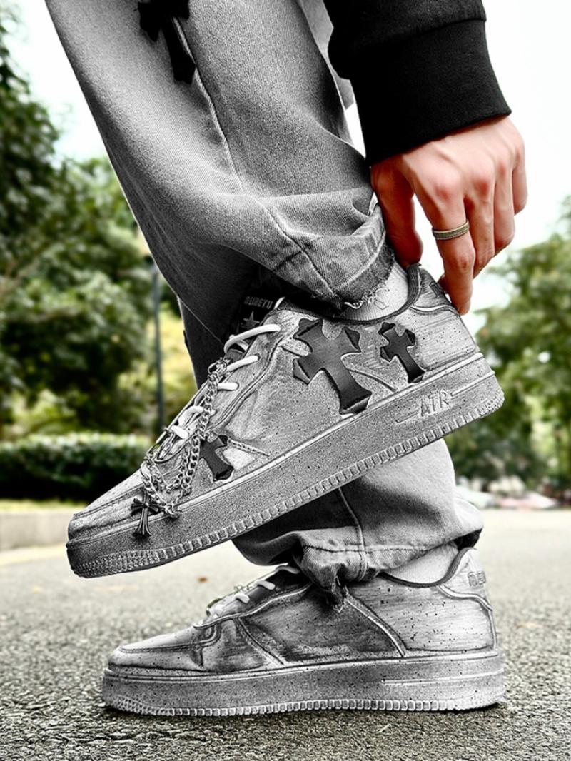 Men's Vintage Metal Chain Cross Sneakers,Size Up by One Size Recommended， Trendy Comfortable Versatile Dark Style, Perfect for Daily and Fashion Scenes