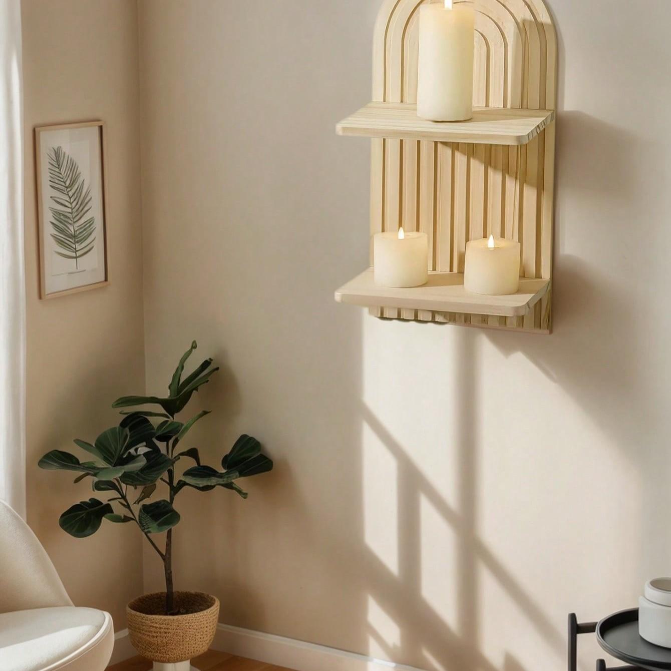 Bohemian Wall Shelf Decor, Floating Wooden Rack for Living Room Bedroom, Dual Layer Hanging Display Stand, Boho Style Storage Organizer