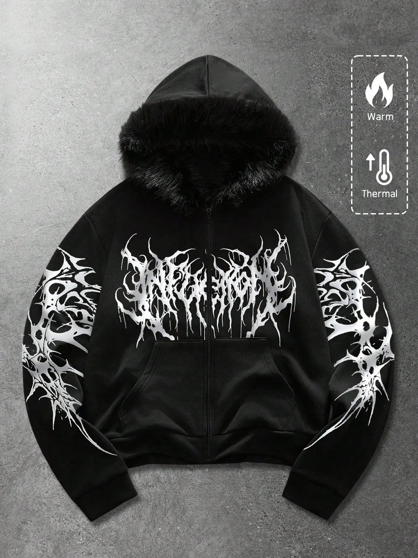 Y2K Cyber Grunge Full Zip Hoodie with Red Furry Hood | Gothic