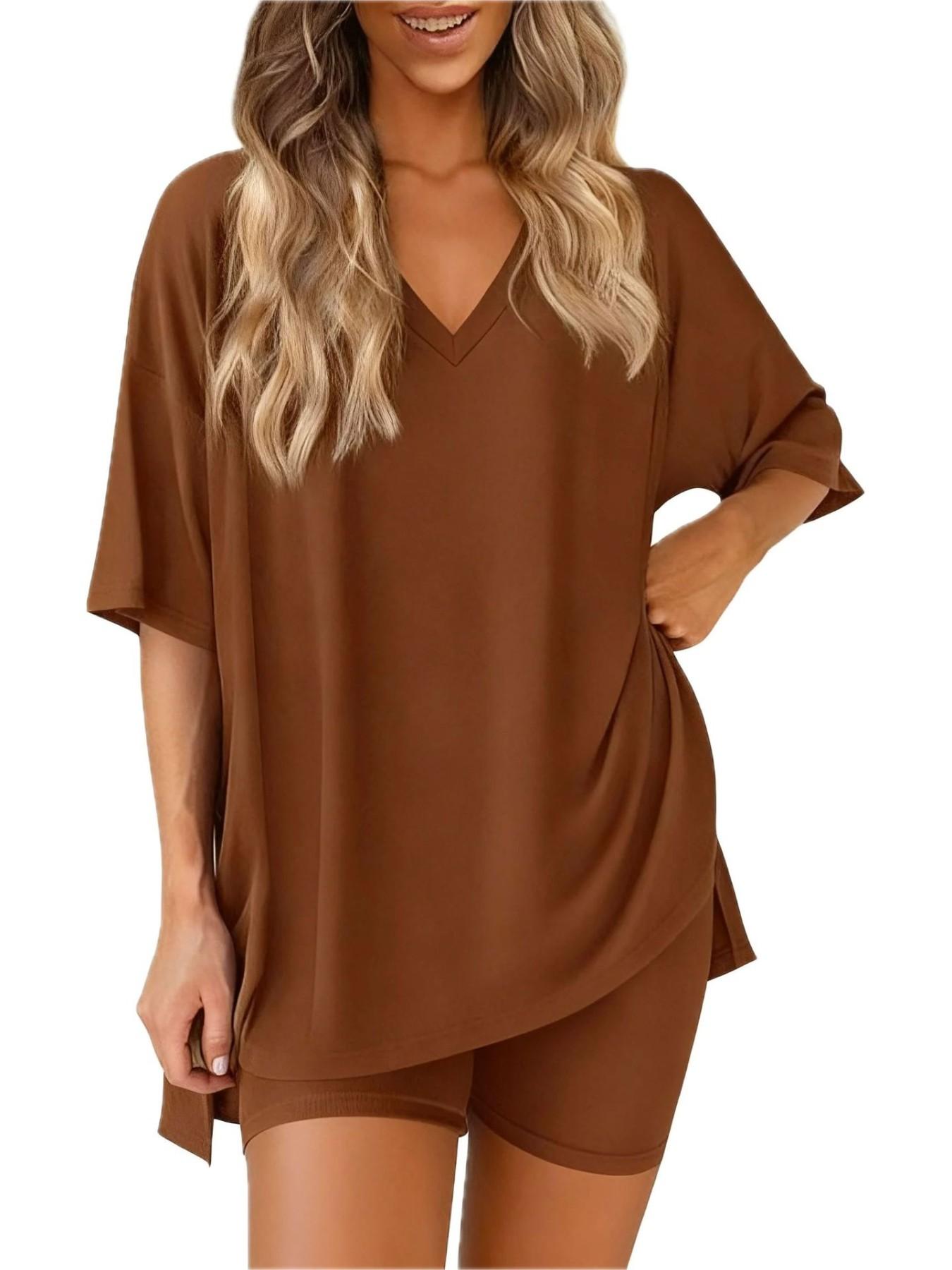 2026 V Neck 2 Piece Sets forSpringWomen Summer Loungewear Short Set SpringMatching Biker Shorts Oversized ShirtClothing