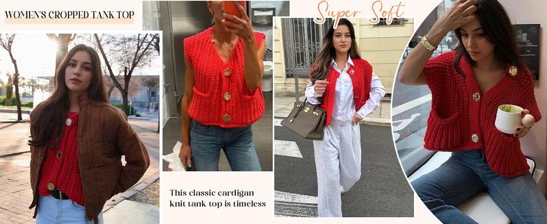 Tanming Womens Crochet Chunky Knit Top Sleeveless Button Down Crop Tops Trendy Cardigan Sweater Vest for Women with Pockets