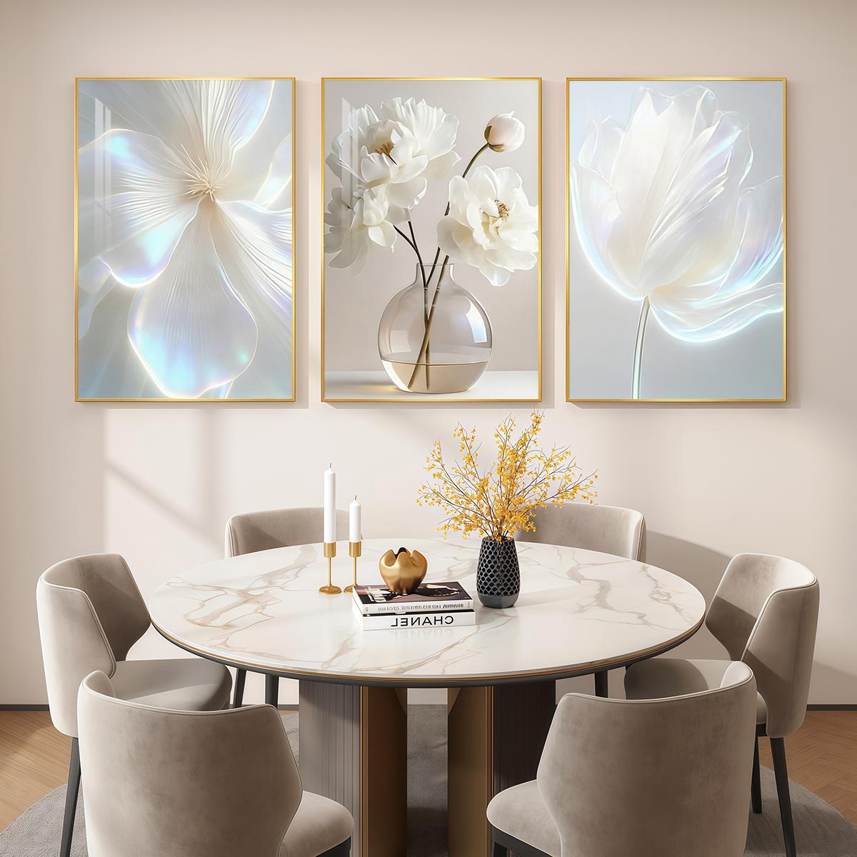 3 Counts Aluminum Alloy Framed Painting, White Floral Vase Artwork, Home Decoration For Living Room, Bedroom, Office, Restaurant, Hallway Wall Decor, Odorless Print Artwork, Luxury Perfect Gift For Friends And Family