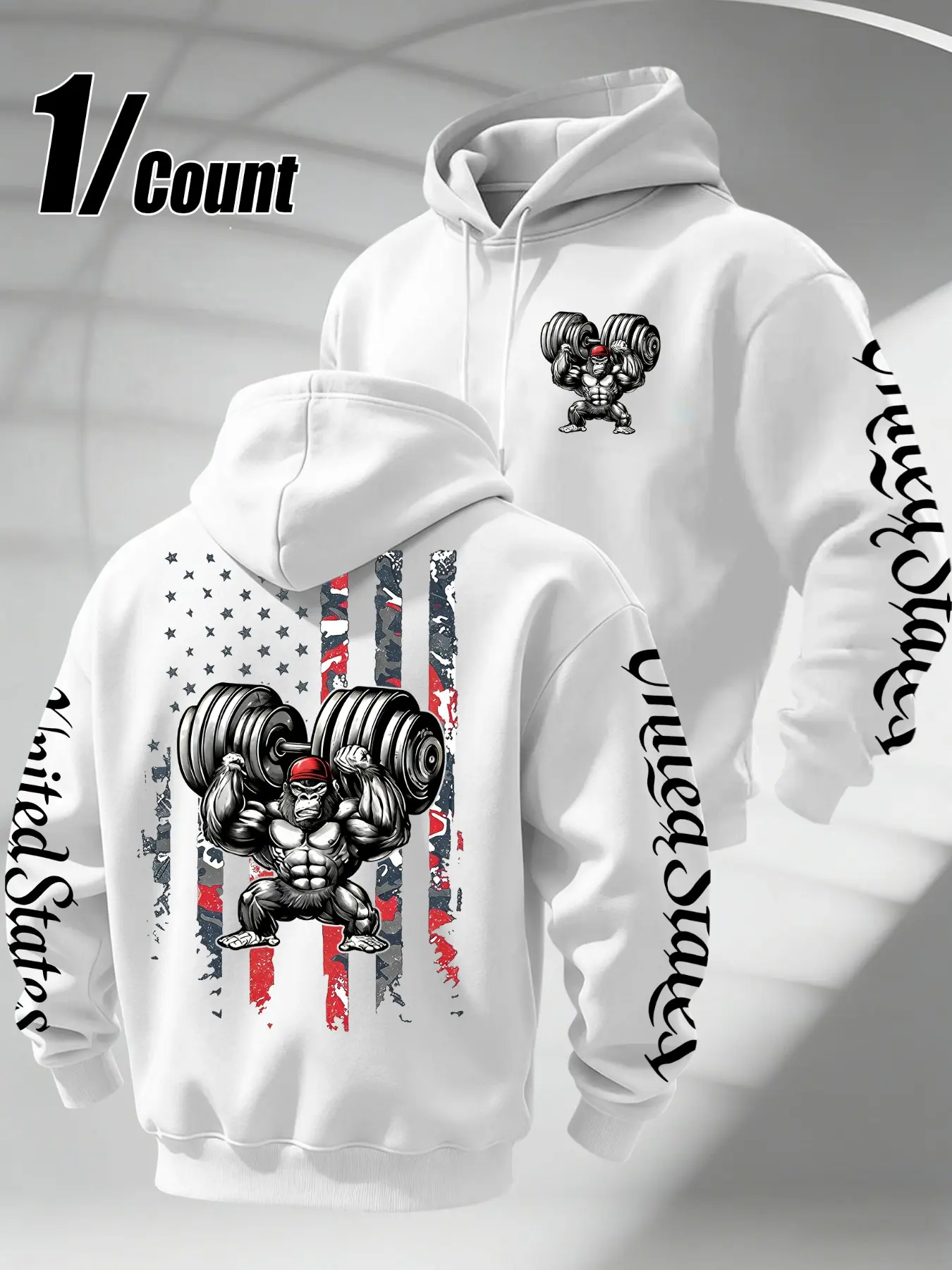 Men Drawstring Pullover Hoodie Vintage Distressed Flag Gorilla Weightlifting Graphic Print Long Sleeve Hooded Sweatshirt Loose Streetwear Fitness Training Casual Top#GorillaGymHoodie #WeightliftingSweatshirt #FitnessStreetwear #MensPulloverHoodie