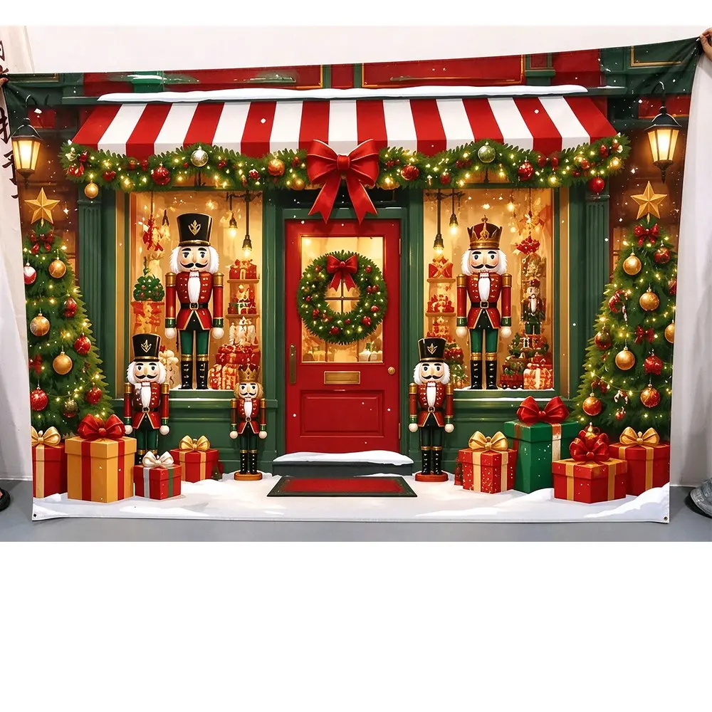 2D Flat 1pc Christmas Backdrop, Nutcracker Soldier Christmas Storefront Red Door Wreath Scene Photo Background, Xmas Party Photo Booth Props, Christmas decorations for Home Studio, holiday decor Wall Banner, winter decor Indoor Outdoor