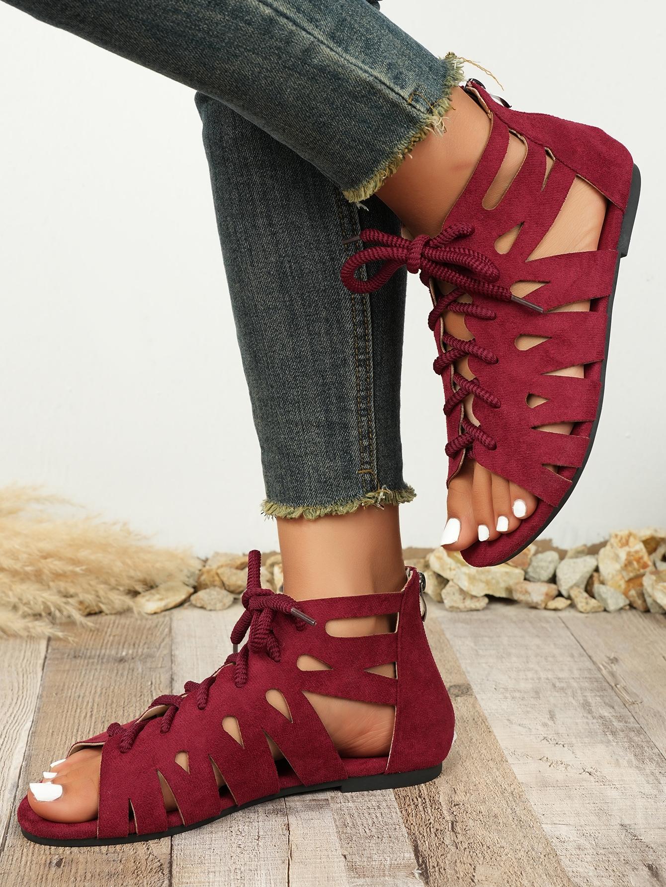 Cutout Lace-Up Gladiator Sandals for Women, Summer Open Toe Flat Sandals, Vintage Boho Versatile Beach Shoes
