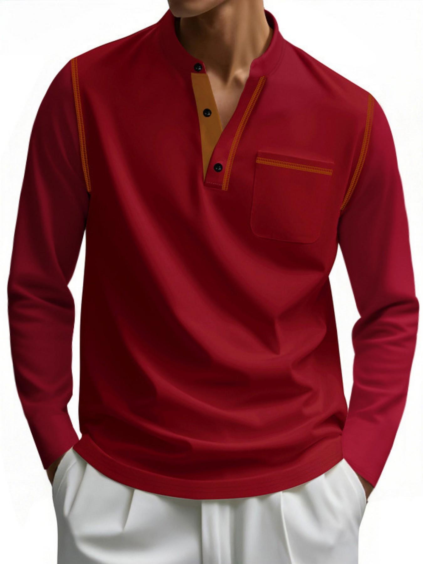 Men's Henry Long Sleeve Shirt, Button Neck Casual T-Shirt, Pocketed Daily Wear Fashion Top, Essential Stylish Clothing