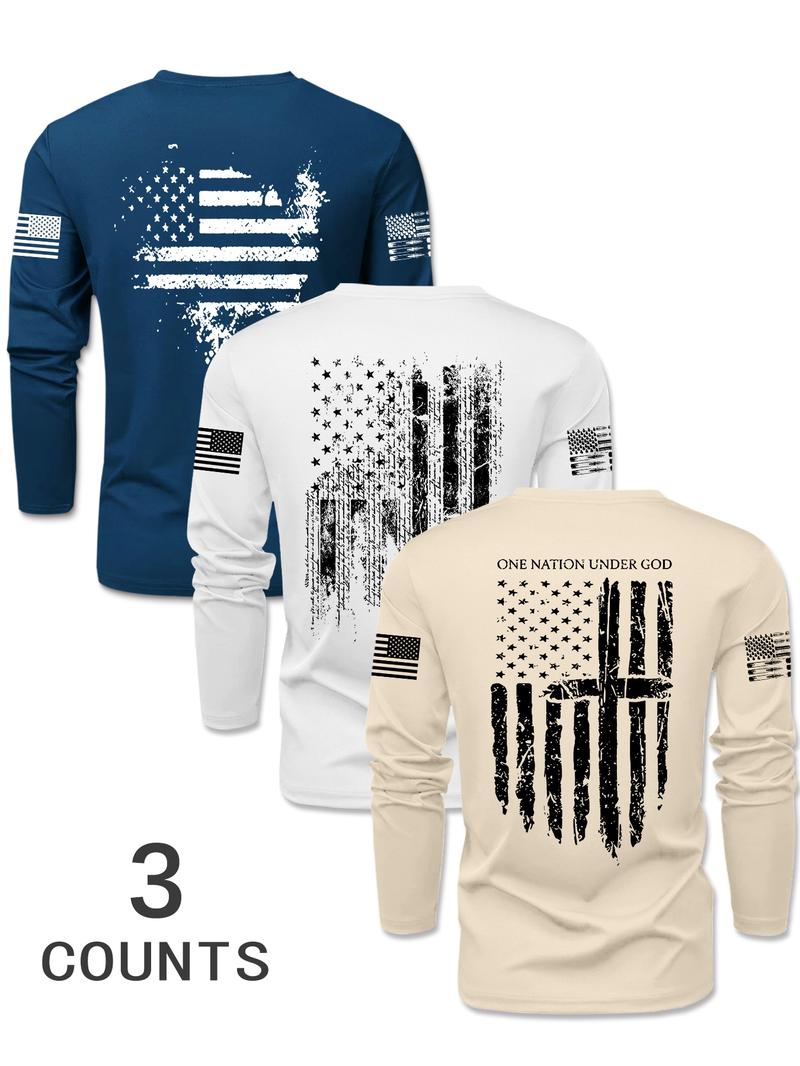 Men's Long Sleeve Round Neck T-Shirts, Casual Polyester Knit Tops with Flag Print, Fitted Style for Outdoor Leisure Daily Wear