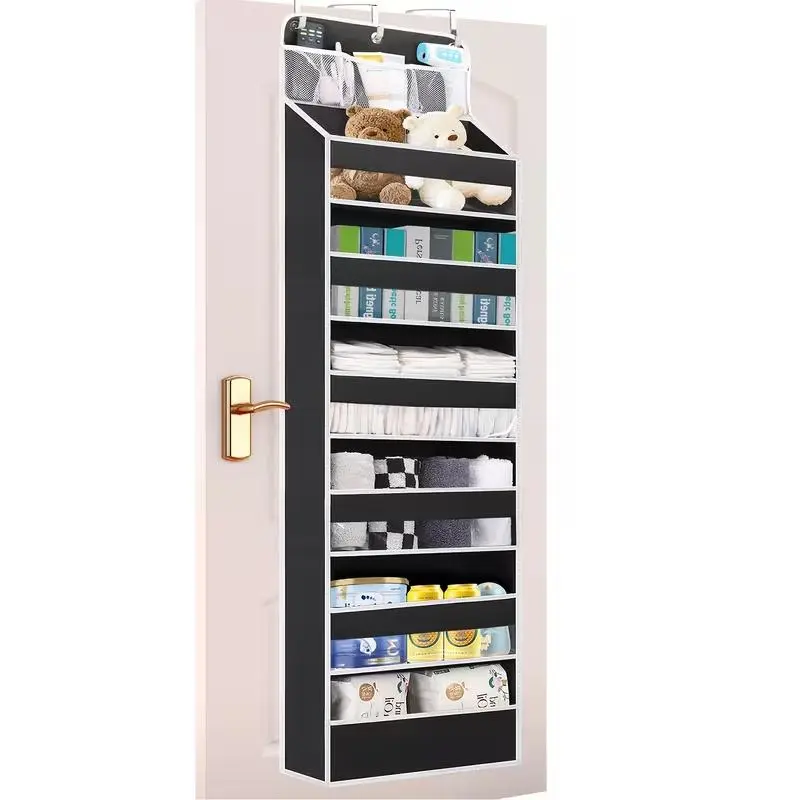 5-Tier Door Hanging Rack with 10 Side Mesh Bags - Multi-Functional Storage Organizer for Bathroom Towels, Bedroom Clothes, Kids Room Toys & Nursery Essentials - Easy Install, Space Saving (Grey/Black Set)