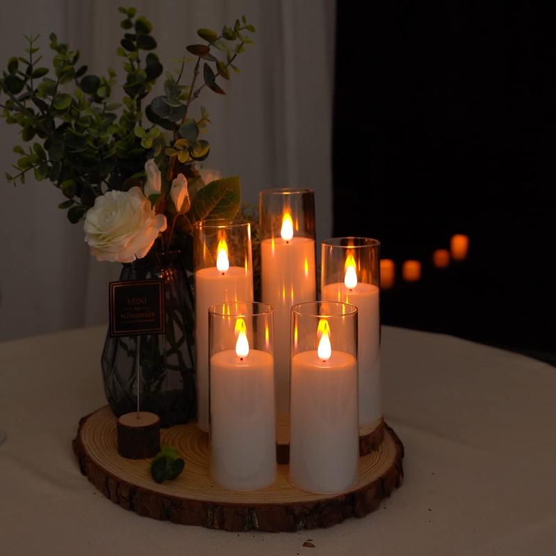 Pure White Flameless Candles, Battery Operated Candles, Acrylic Flickering LED Pillar Candles with Remote Control and Timer, 3D Wick, Yellow and Blue Glow, D2.2 xH5 5" 6" 7" 8", Set of 5