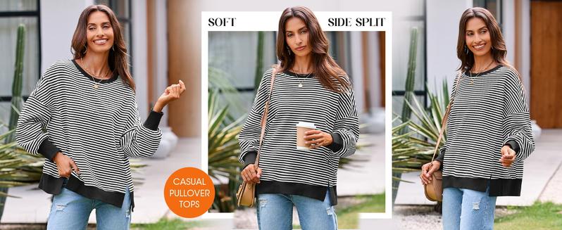 Imily Bela Women's Fall Oversized Sweatshirt Casual Waffle Knit Long Sleeve Crewneck Split Pullover Tunic Tops