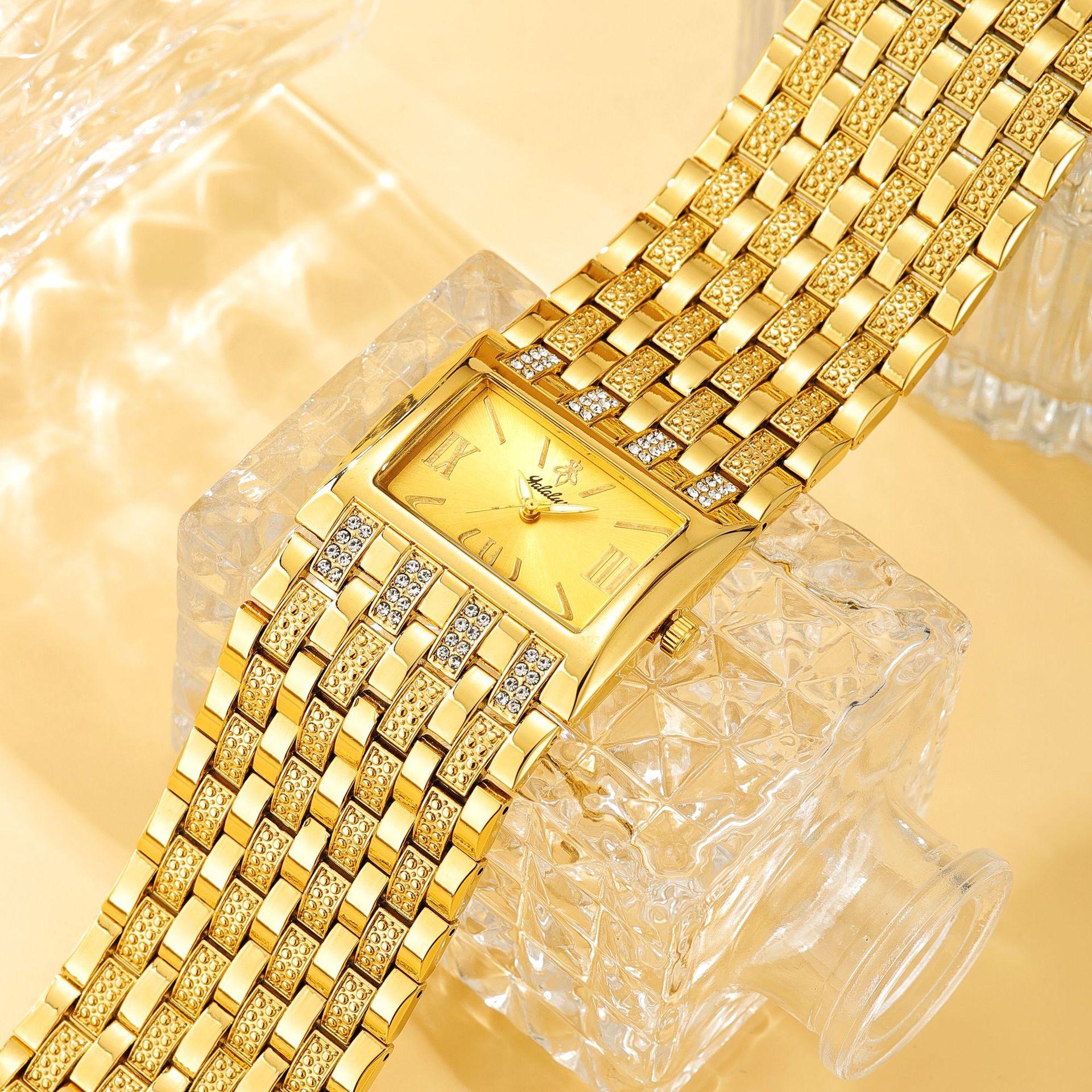 Women's Luxury Gold Square Diamond Watch - Elegant Bling Crystal Encrusted Bracelet with Roman Numerals, Stainless Steel Band, Fashion Dress Wristwatch, Perfect Gift for Her