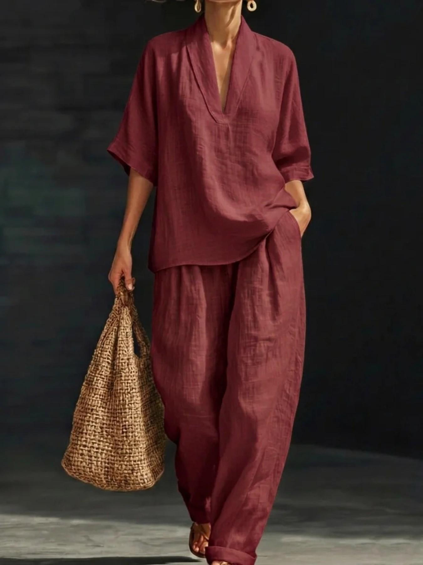 French Linen V-Neck Set for Women, Summer Loose Five-Finger Sleeve Wide Leg Pants, Lazy Style Vacation Casual Two-Piece Set Womenswear
