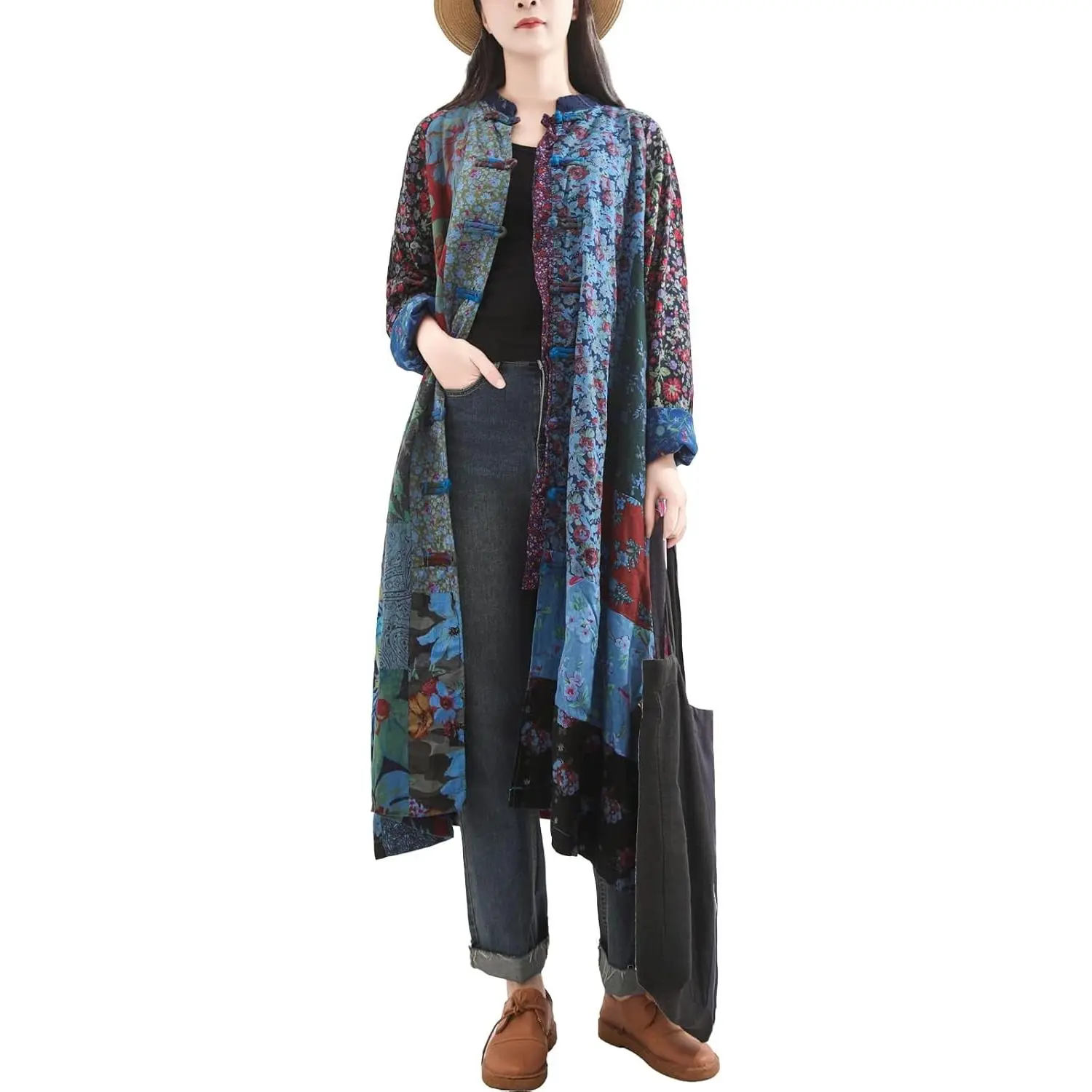 LUZU JUNU Women's Penny Lane Trench Coat Floral Patchwork Duster, Cotton Linen Frog Button Boho Cottagecore
