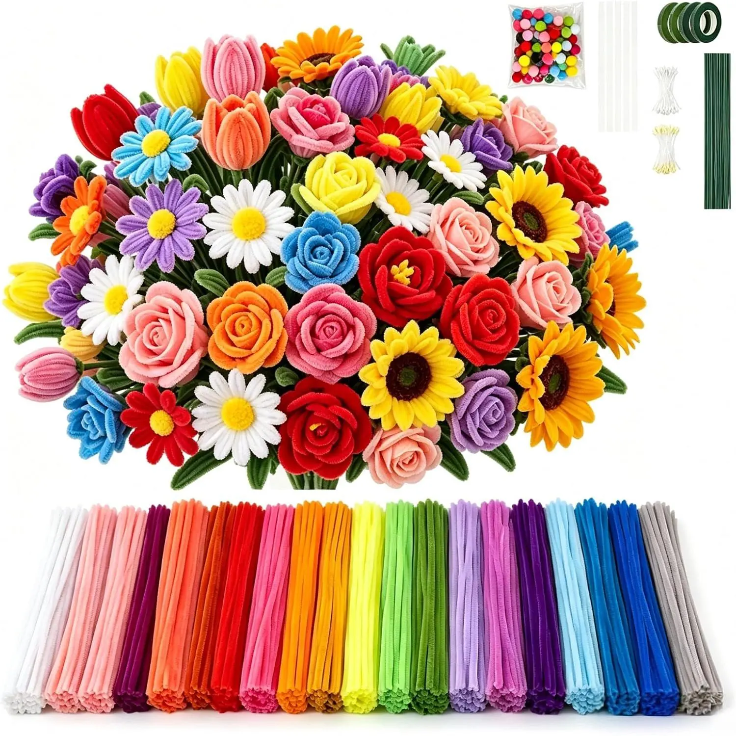 1379 count Pipe Cleaner Flower Kit, 20 Colors Chenille Stems Flower Making Kit with 240 Stamens, Floral Wire, Tape, Pom Poms & Glue, Complete DIY Bouquet Craft Supplies with Video Tutorial