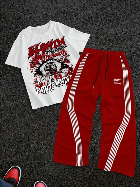 Men's Street Style Short Sleeve Striped Straight Leg Pants Set, Letter & Eye Print, Casual Hip Hop Fashion, Spring & Fall Wear