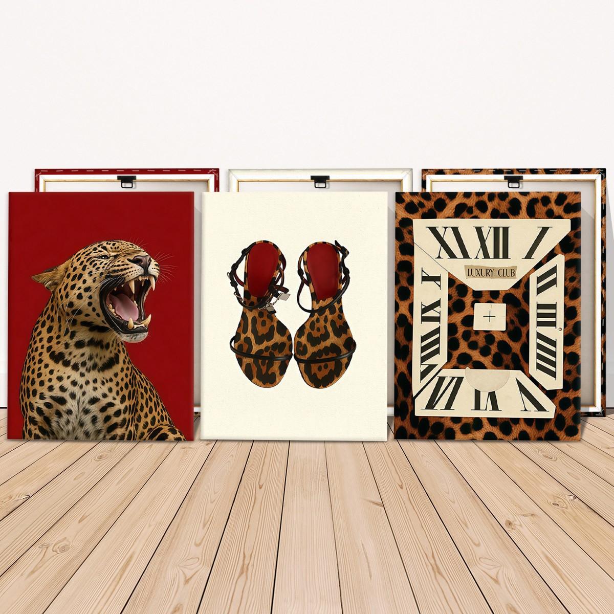 3-Pack Wood Frame Canvas Posters, Vintage Leopard Print High Heels Decor, Modern Living Room Art, Waterproof, Gift Idea