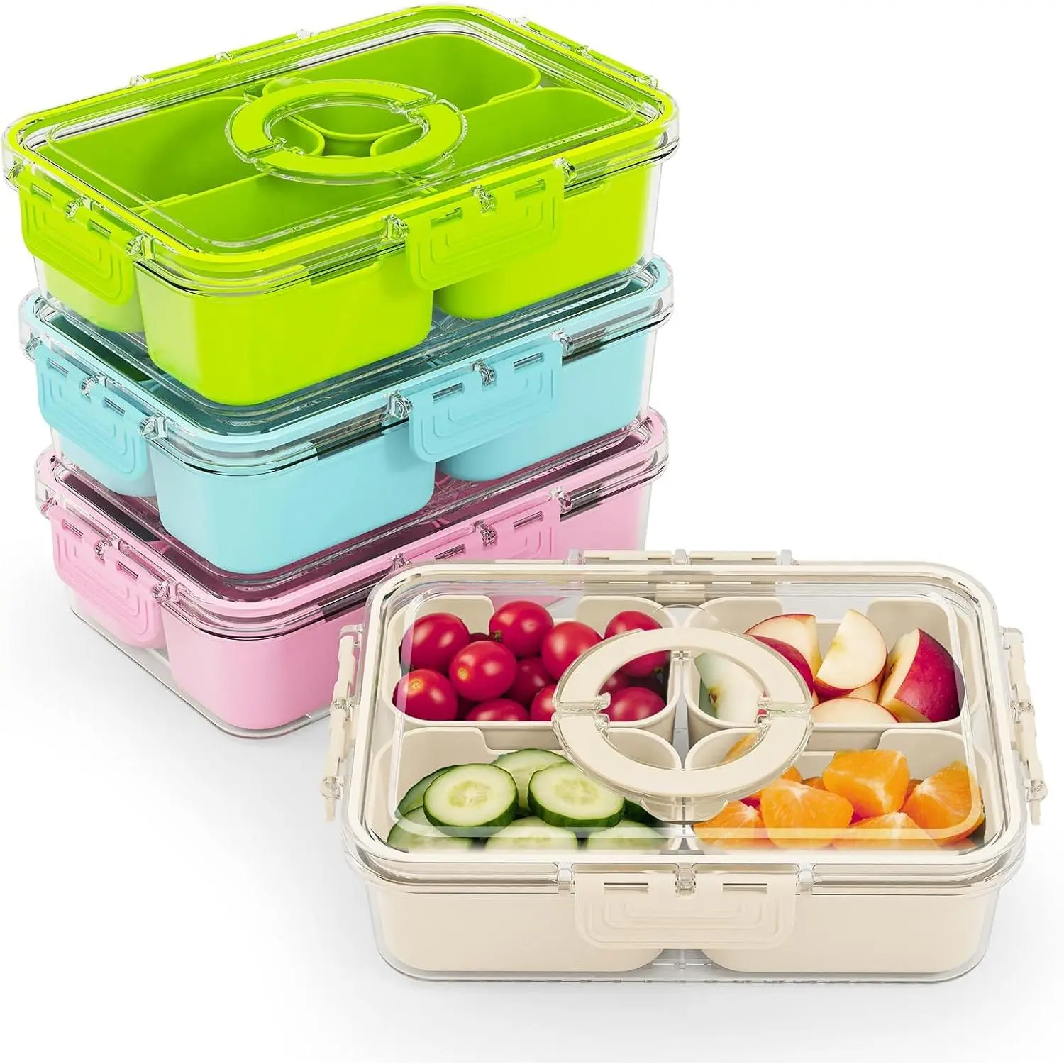Small Snack Box Containers for Adults Men Women with 4 Compartments,Reusable Bento Box Adult Food Trays for Fruit,Charcuterie,Beige Lunch Box Divided Serving Tray with Lid and Handle for Work Travel