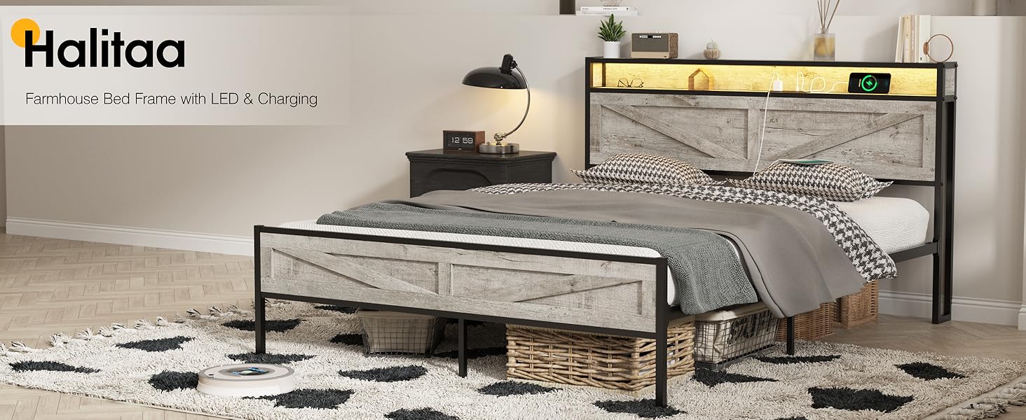 Vabches LED Bed Frame with Charging Station, Platform Metal Headboard Storage & USB Ports Outlets, Farmhouse Lights for Bedroom, Noise Free Vabches LED Bed Frame with Charging Station, Platform Metal Headboard Storage & USB Ports Outlets, Farmhouse Lights for Bedroom, Noise Free