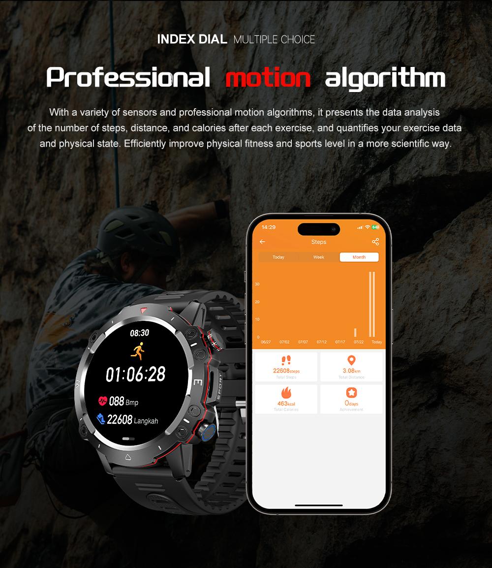 ZW48 Tactical Bluetooth Calling Smart Watch 1.46 Inch HD Round Display LED Flashlight for Outdoor Fitness Daily Wear