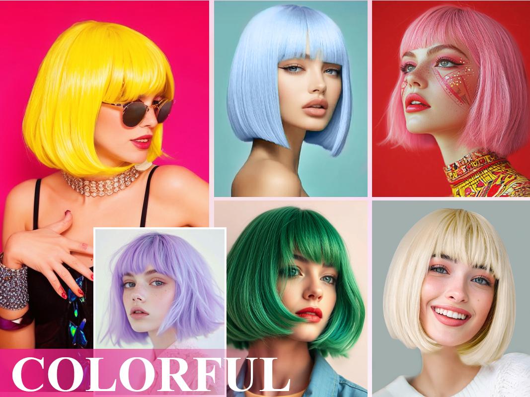 Fxmongyi Short Bob Wig with Bangs 10inch Bob Wig with Realistic Middle Part Synthetic Colorful Cosplay Daily Party Wig for Women