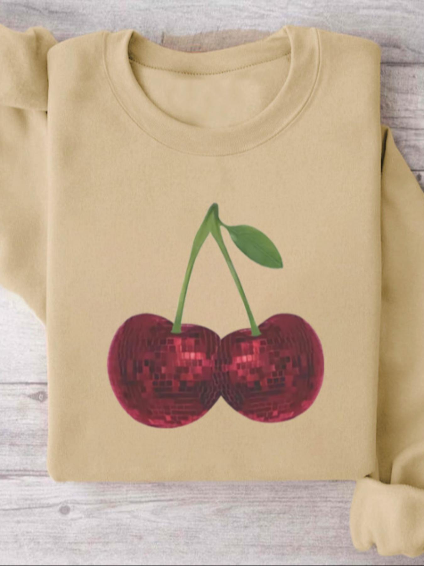 Women's Cherry Print Crew Neck Sweatshirt, Fashion Casual Long Sleeve Pullover for Fall & Winter, Women's Clothes for Daily Wear