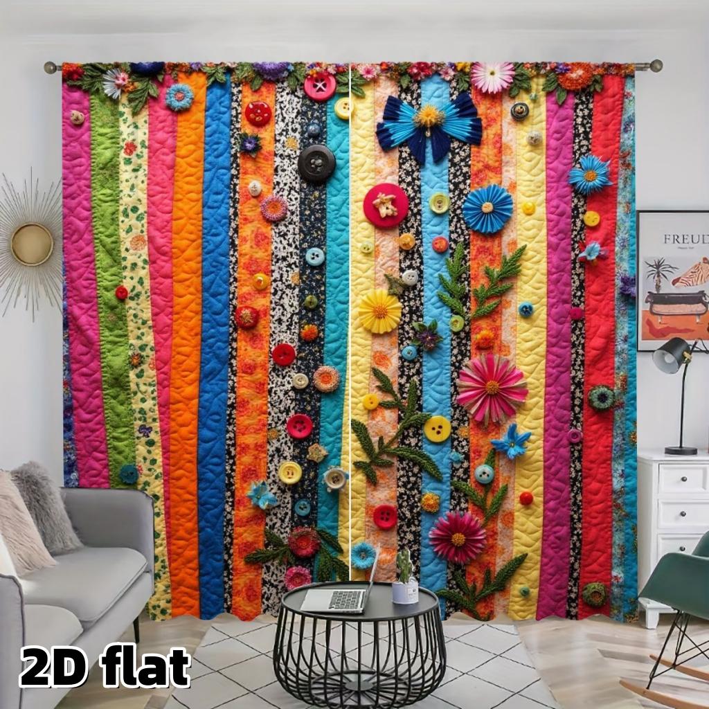 2D Flat 2Pcs Quilted Patchwork Curtains, Multicolored Stripe Design with Button Flower Decorations, Rod Pocket Style, Polyester Fabric, Boho Chic Home Decor, Semi Sunshade, Suitable for Living Room Bedroom Window, Handcrafted Bohemian.