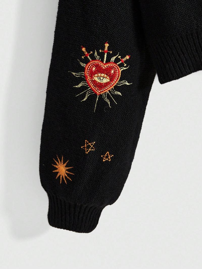 Women's V-Neck Button-Up Knit Cardigan Knitwear, Cropped Loose Fit Long Sleeve with Love Sun Star Embroidery, Ribbed Detail for Fall Winter