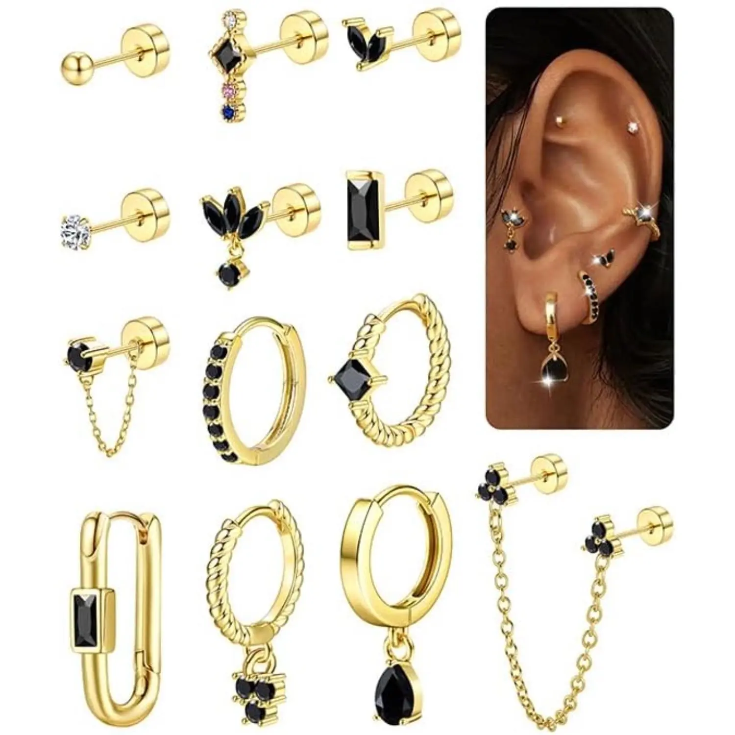 CASSIECA Stud Earrings Small Gold Hoop Earrings Set for Women Flat Back Earring Hypoallergenic Cartilage Earring Lightweight Dainty 14K Gold plated Stud Earrings for Multiple Piercing Set, Earring Stack Sohochic