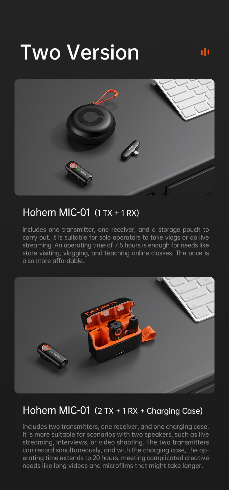 hohem MIC-01 Wireless Lavalier Microphone, DSP Noise Cancellation, 20-Hours Battery, Wireless Mircophone for Android, PC, Camera, Interview, Vlogs (2 TX + 1 RX + Charging Case),Perfect with hohem iSteady M6/ MT2/ Mobile+/Android/ Iphone 17 series