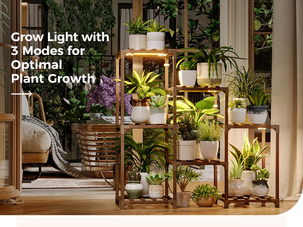 Bamworld Plant Stand with Grow Light Plant Shelf for Mutiple Pots 3 Tiers Ladder Plant Holder for Living Room Patio Boho Home Decor for Gardening Warm Light Led