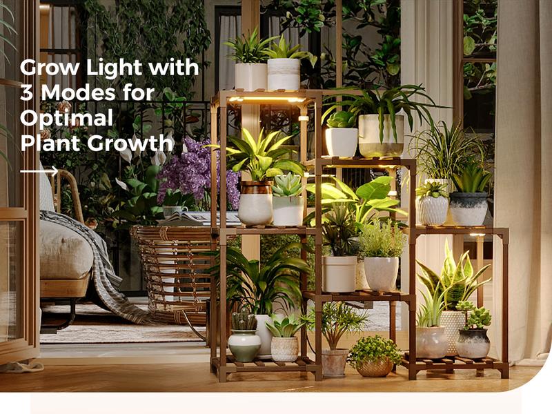 Bamworld Plant Stand with Grow Light Plant Shelf for Mutiple Pots 3 Tiers Ladder Plant Holder for Living Room Patio Boho Home Decor for Gardening Warm Light Led