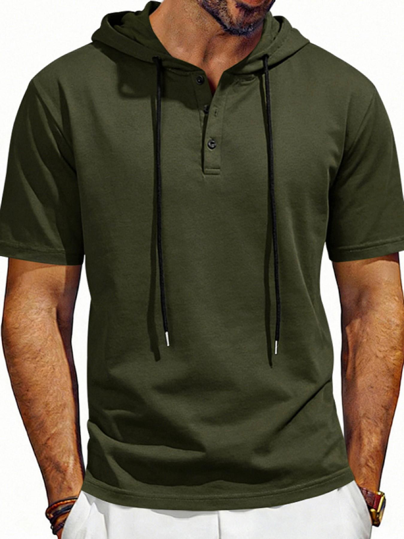 Men's Loose Fit Vintage Hooded Henley Shirt, Short Sleeve Summer Casual Top, American Style Cross-Border Fashion Apparel