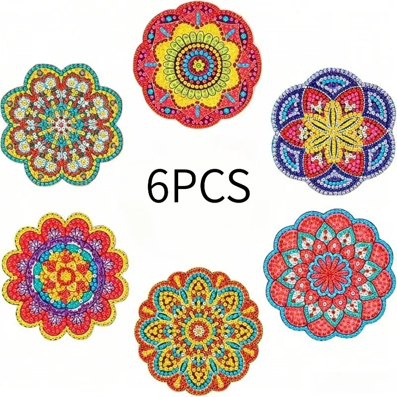 6Pcs DIY Diamond Painting Coasters Kit Mandala Cup Coaster Boho Colorful Floral Mandala Art Non-Slip Cork Backing Heat Resistant Easy DIY Crafts for Adults Kids Beginners Home Table Decor Housewarming Gift