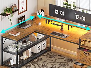 SEDETA 67" L Shaped Desk with Drawers, Computer Office Desk with Storage Shelves & Power Outlet, Reversible Gaming Desk with LED Lights for Home Office