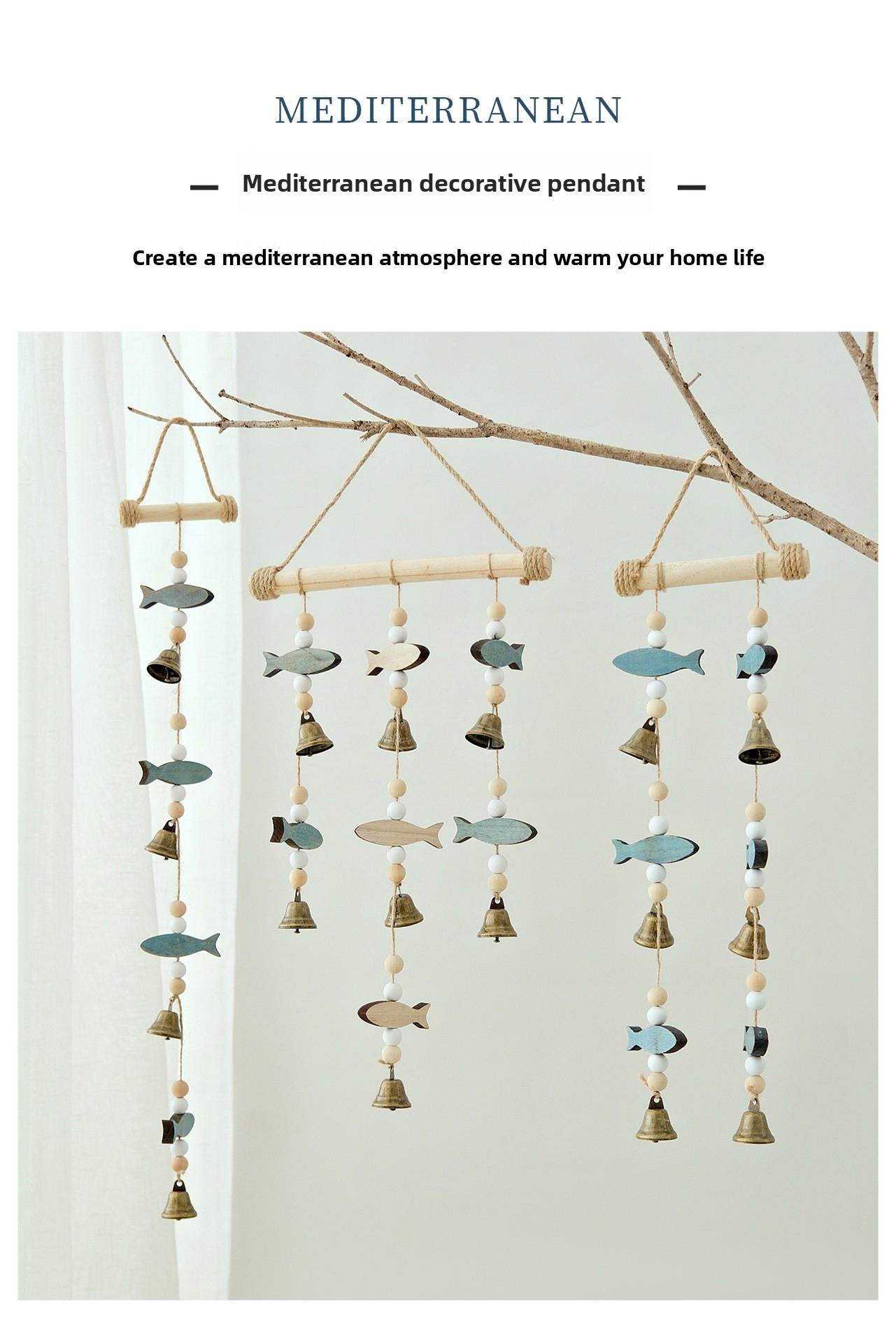 New Product Mediterranean Style Double-Sided Fish String Bell Wind Chime Pendant Wall Decoration Solid Wood Hemp Rope Creative Nordic Wall Hanging Ornament Home Decor Ornaments Wall Hanging Design